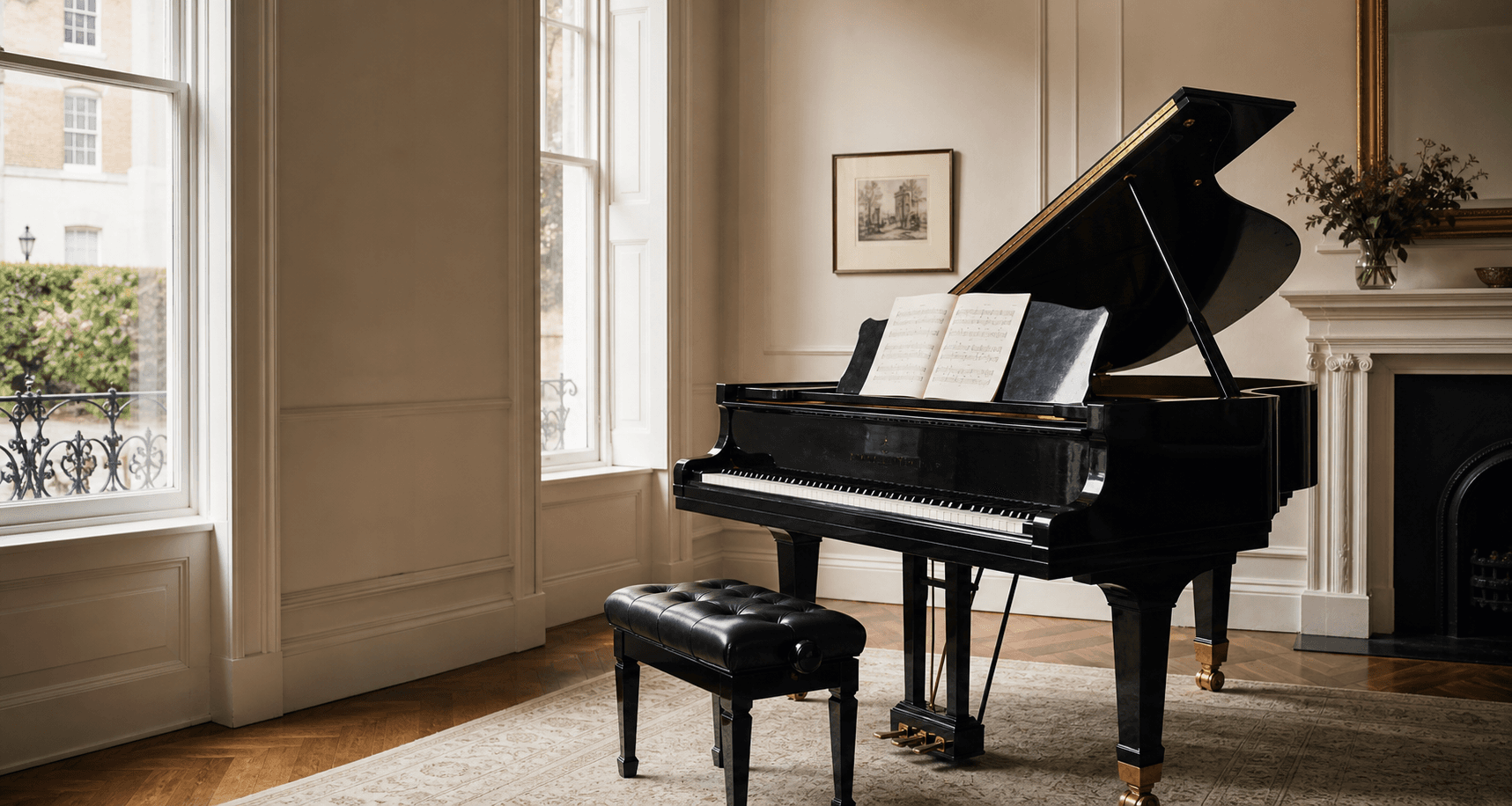 A black grand piano in a refined music room